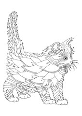Hand drawn kitten. Sketch for anti-stress adult coloring book in zen-tangle style. Vector illustration  for coloring page.