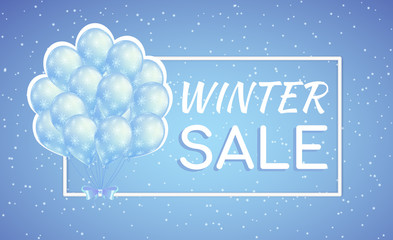 Fototapeta na wymiar Bunch of blue balloons with snowflakes. Winter sale poster for seasonal discount.