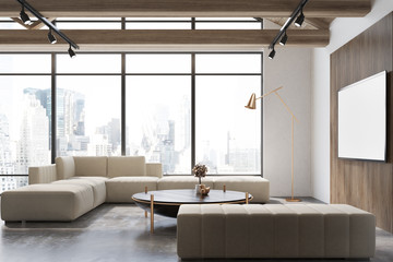White and wooden living room, poster, sofa