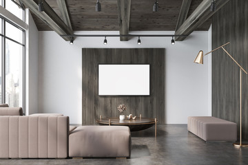 White and wooden living room, beige sofa poster