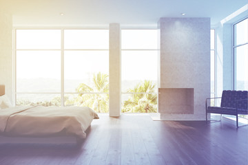 White bedroom with a fireplace toned