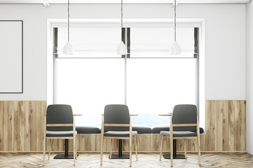 White bar wooden stand, poster, chairs