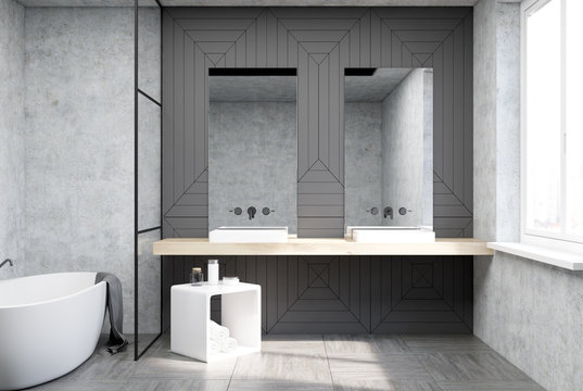 Gray bathroom interior, mirrors