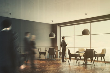 Gray cafe interior corner, gray chairs toned