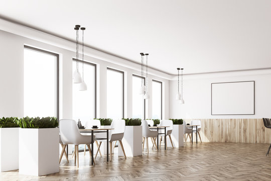 White cafe interior, corner, poster, wood
