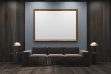 Gray and wooden living room, sofa, framed poster
