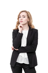 Pensive red haired businesswoman, isolated