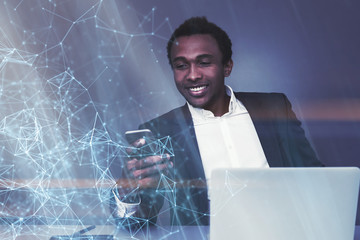 African American man looking at phone, polygons