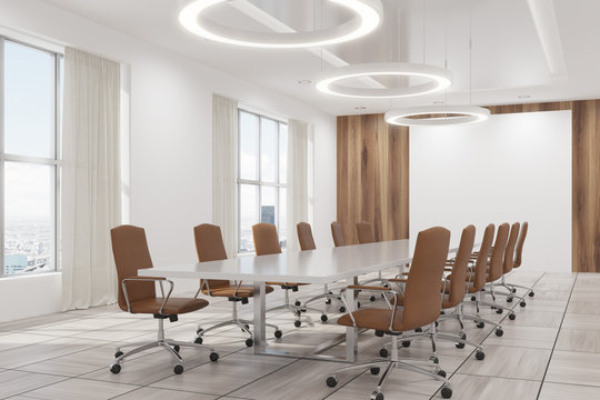 White conference room interior brown chairs corner