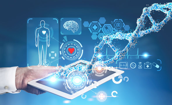 Man with tablet, medical HUD, DNA blue - Powered by Adobe