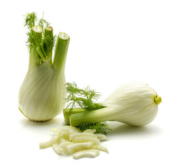 Florence fennel isolated on white background two bulbs and blanched pieces.