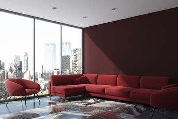 Purple living room corner, red sofa, armchair