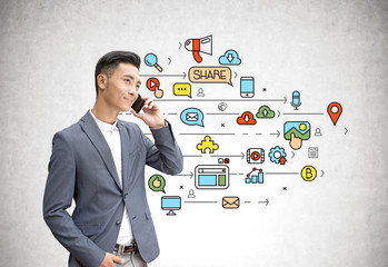 Asian businessman on phone, social media