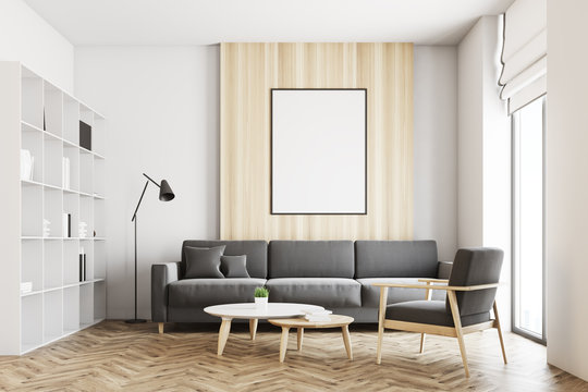 White and wooden loft living room, poster