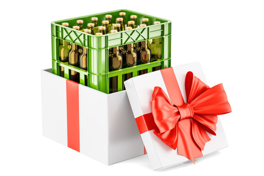 Gift box with crate full with beer bottles, 3D rendering