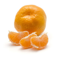 Tangerine isolated on white background one whole three peeled pieces.