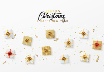 Fototapeta na wymiar Merry Christmas greeting card. Xmas holiday background, gift box with gold tinsel, bright glitter confetti and golden serpentine.