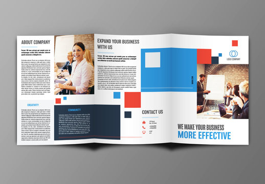 Trifold Brochure Layout with Red and Blue Accents