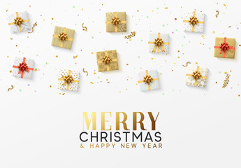 Fototapeta na wymiar Merry Christmas greeting card. Xmas holiday background, gift box with gold tinsel, bright glitter confetti and golden serpentine.