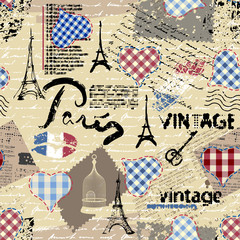 Seamless background pattern. Imitation of a vintage scrapbook collage with a Paris lettering.