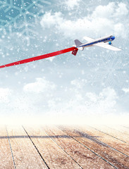 Airplane toy pulling huge white Christmas present 3D Rendering