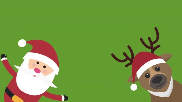 Cute Cartoon Santa Claus and Reindeer Animation loop. Cartoon Christmas santa claus and deer over green screen. New year and christmas greeting card. Event and christmas celebration concept