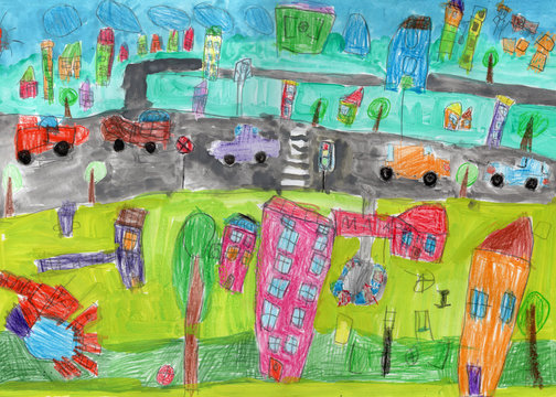 Child's drawing of the happy family on a walk and cars.