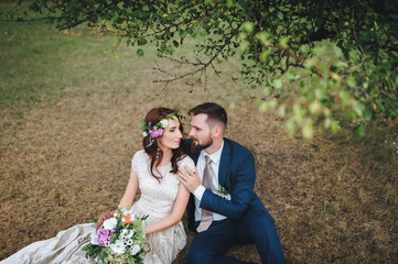 A pair of loving newlyweds are sitting on the grass under a tree.