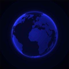 Glowing globe with blue continents on black background vector.