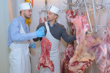 Butchers hanging meat on hooks
