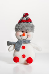 Christmas decoration trinket representing a cute snowman isolated on white background. Snowman in a fur hat and scarf. Studio. Christmas decorations.
