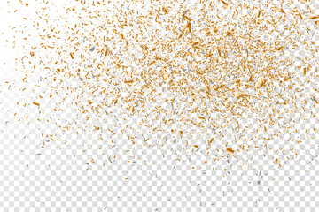Fototapeta na wymiar Vector realistic golden confetti on the transparent background. Concept of happy birthday, party and holidays.
