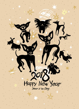 Greeting card. Hand drawn Dogs 2018. New Year on the Chinese calendar. Ink doodle doggies.
