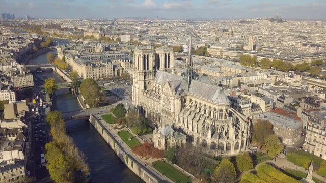 Cityscape of Paris. Aerial view of Notre Dame de Paris Cathedral