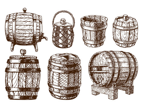 Wooden barrel vintage old hand drawn sketch storage container liquid beverage fermenting distillery cargo drum lager vector illustration.