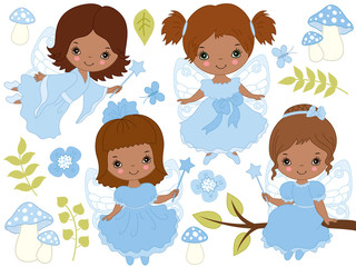 Vector Set of Cute Little African American Fairies 