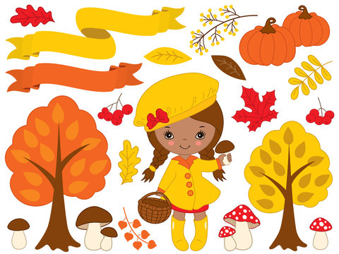 Vector Set with Cute Little African American Girl and Autumn Elements