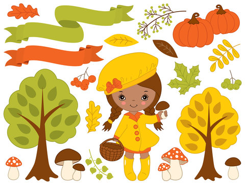 Vector Set with Cute Little African American Girl and Autumn Elements