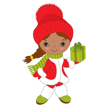 Vector Cute Little African American Girl with Christmas Gift Box