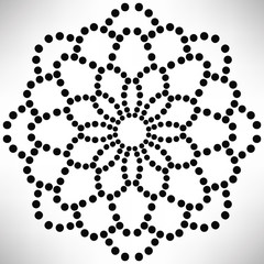 Ornamental round dotted flower isolated on white background. Black halftone mandala. Geometric circle element. Vector illustration.