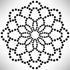 Ornamental round dotted flower isolated on white background. Black halftone mandala. Geometric circle element. Vector illustration.