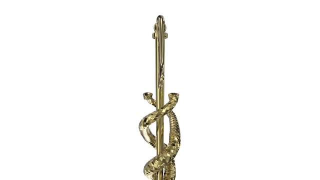 Caduceus 108: A golden Caduceus medical symbol rotates on a white background (Loop).