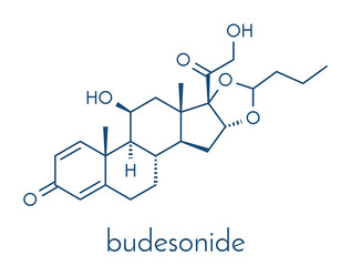 Budesonide corticosteroid drug. Used in treatment of COPD, asthma, ulcerative colitis, hay fever, Crohn's disease, etc. Skeletal formula.