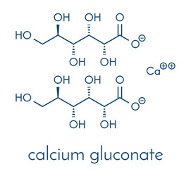 Calcium gluconate drug. Soluble form of Ca, used to treat magnesium overdose, hypocalcemia and hydrofluoric acid (HF) burns. Skeletal formula.