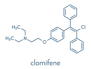 Clomifene (clomiphene) ovulation inducing drug molecule. The E-isomer (enclomifene) isomer is shown. Skeletal formula.