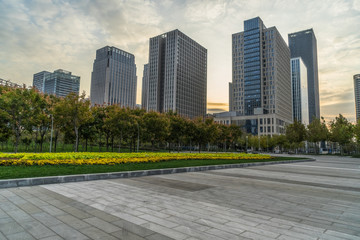 empty brick floor with cityscape and skyline.