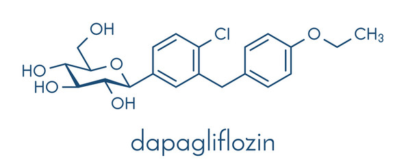 Dapagliflozin diabetes drug molecule. Inhibitor of sodium-glucose transport proteins subtype 2 (SGLT2). Skeletal formula.