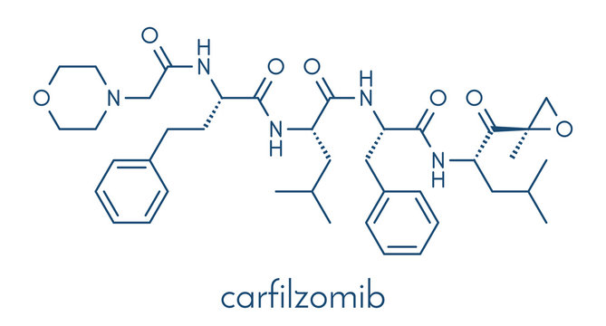 Carfilzomib (CFZ) multiple myeloma cancer drug molecule. Proteasome inhibitor derived from natural product epoxomicin. Skeletal formula.