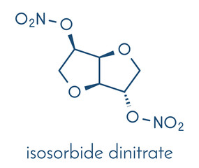 Isosorbide dinitrate (ISDN) vasodilator drug molecule. Used in treatment of heart related chest pain. Skeletal formula.