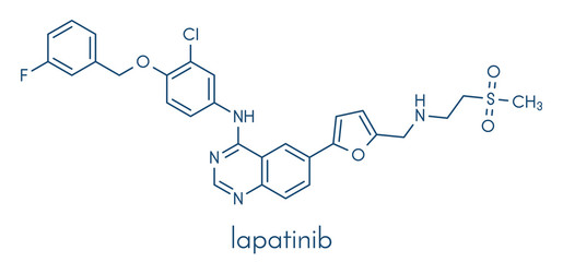 Lapatinib cancer drug molecule. Dual tyrosine kinase inhibitor, used in treatment of breast cancer. Skeletal formula.